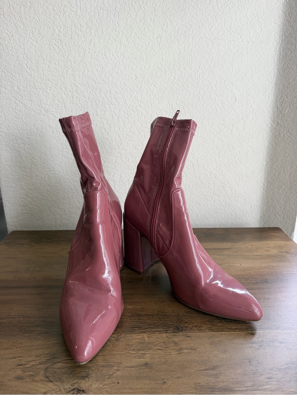 Glossy Rose Pink Patent Block Heel Ankle Boots